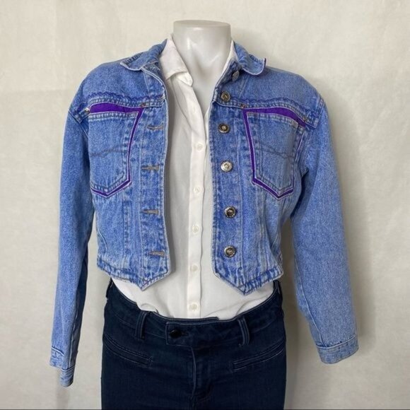 Vintage Jackets & Blazers - Vintage Ethics Jean Jacket Embroidered Cropped Pearl Button  Purple Details S